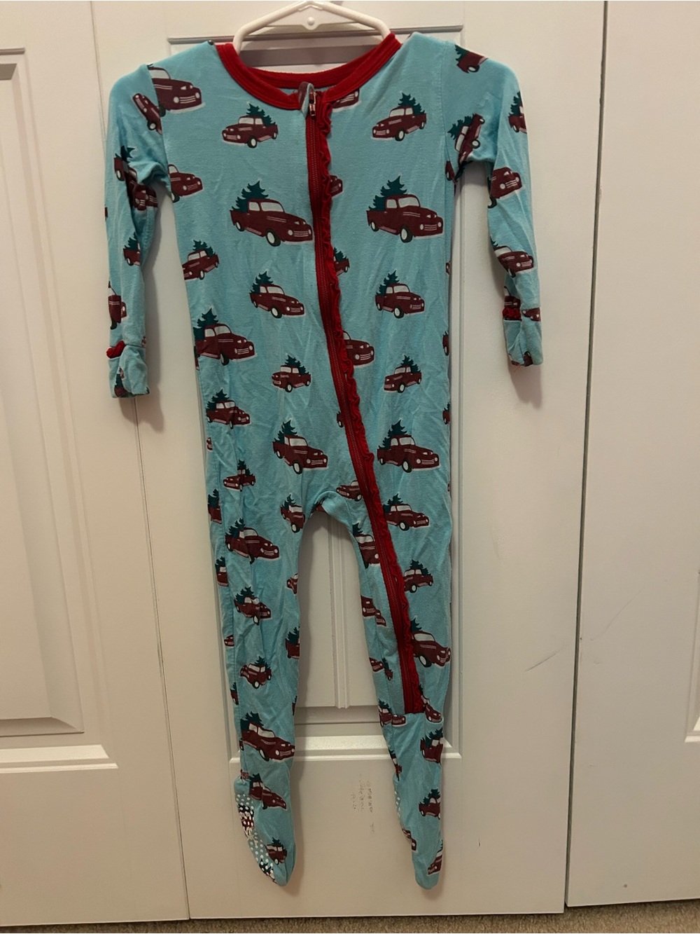Girls One-Piece Pajamas in Light Blue with Red Car Print - Cozy Sleeper